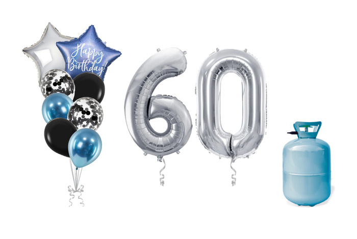 Zestaw balonów na 60 urodziny bukiet balonowy z helem srebrno niebieski