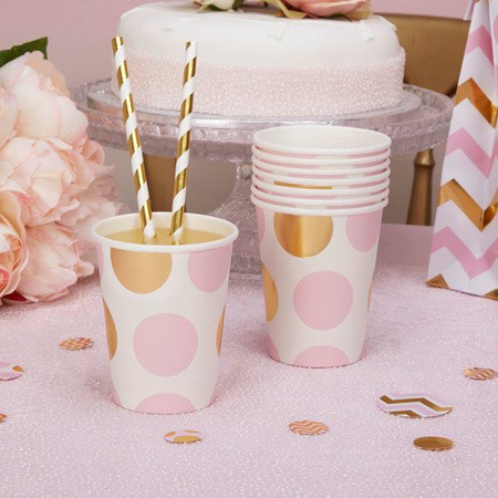 Kubeczki papierowe Kropki róż i złoto 8 szt