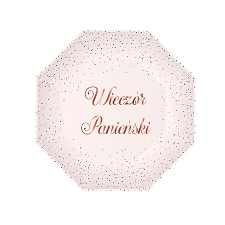 Talerzyki papierowe Wieczór Panieński złoty róż sześciokąt 24cm 6 szt