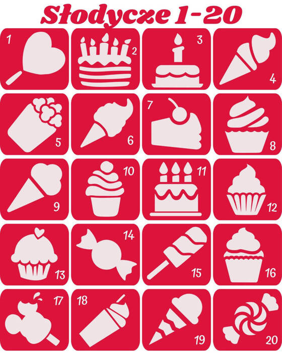 Szablony do tatuaży brokatowych tematyczne 20 szt. Słodycze