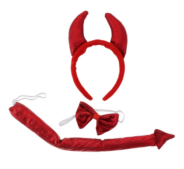 Zestaw Diabełek  Satynowy Opaska + Mucha + Ogon