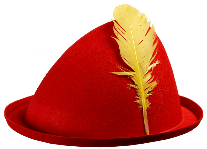 Kapelusz czerwony z żołtym piórkiem Pinokio