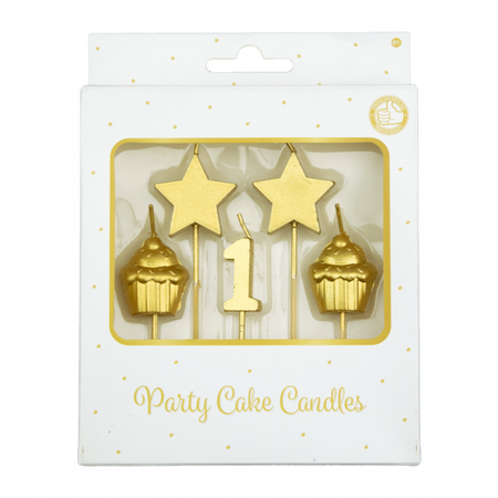 Zestaw świeczek na tort 1 urodziny roczek złote 5 szt.