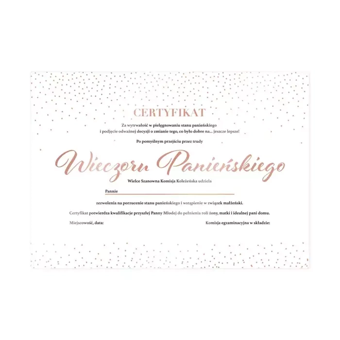 Certyfikat na Wieczór Panieński dla Panny Młodej A4