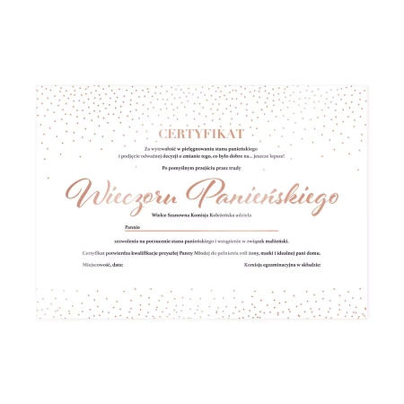 Certyfikat na Wieczór Panieński dla Panny Młodej A4