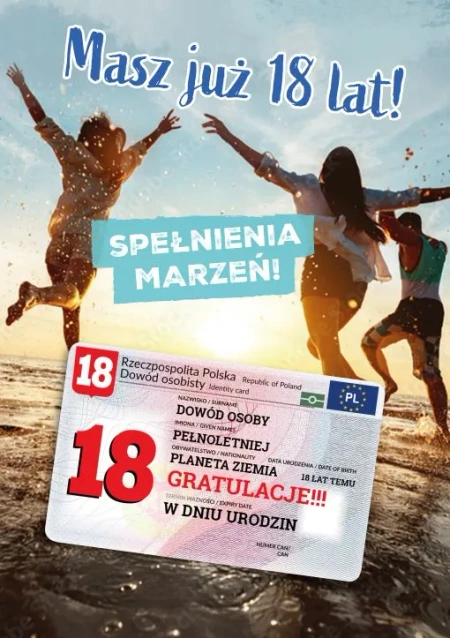 Kartka urodzinowa Masz już 18 -lat Dowód Osobisty