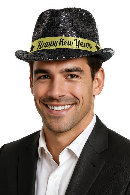Kapelusz cekinowy czarny z opaską Happy New Year na Sylwestra 1 szt.