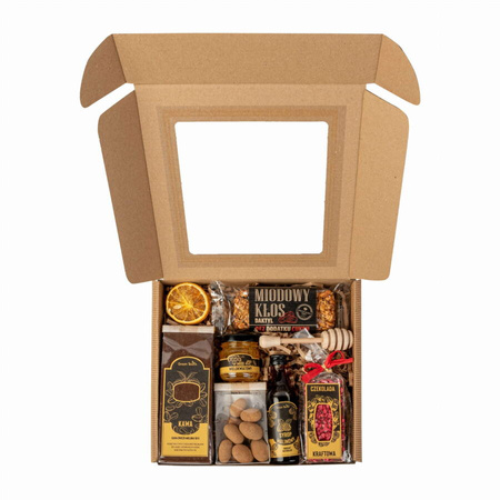 Box zestaw prezentowy prezent kawa miód syrop czekolada baton migdały kraft