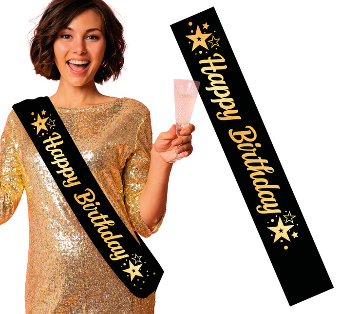 Szarfa urodzinowa satynowa czarna Happy Birthday