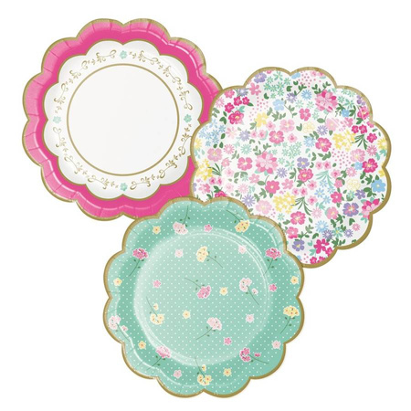 Talerzyki papierowe Tea Party Kwiatki mix 18 cm 8 szt.
