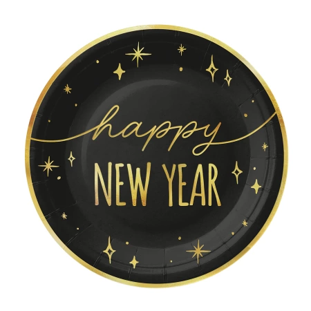 Talerzyki papierowe Happy New Year czarno-złote na Sylwestra 18 cm 6 szt.