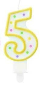 Świeczka urodzinowa "5" kropeczki żółta