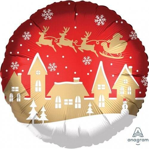 Mikołaj nad miastem czerwony okrągły balon foliowy