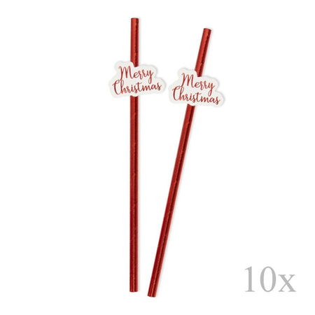Słomki do picia papierowe czerwone metaliczne 10szt Merry Christmas