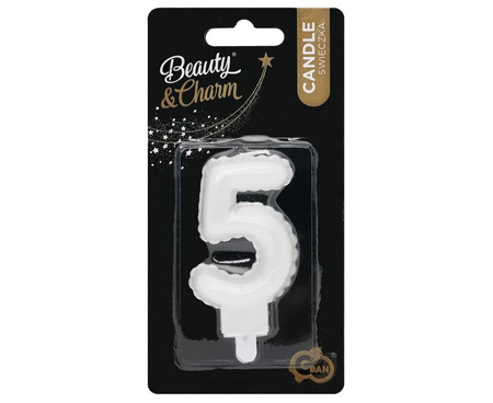 Świeczka urodzinowa cyfra 5 jak balon foliowy perłowa biała, 7 cm