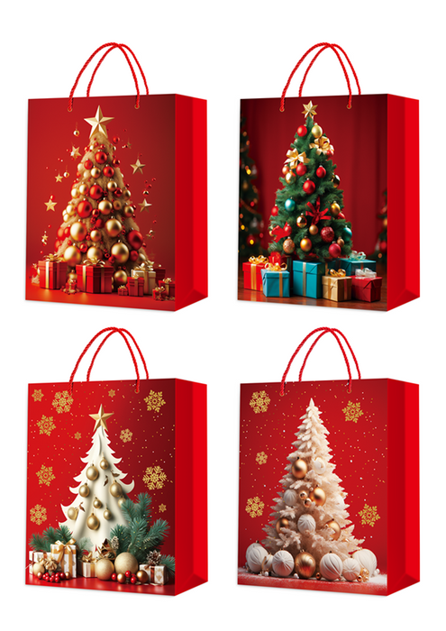 Torebka prezentowa Świąteczna czerwona z choinką 40x31x12 cm mix wzorów