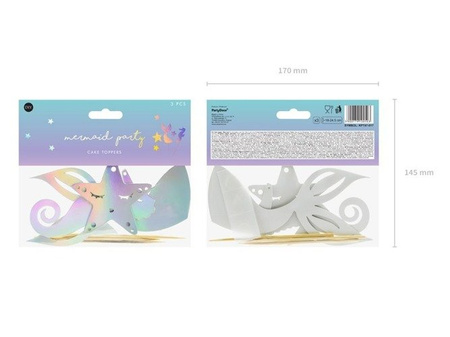 Pikery toppery Syrenka opalizujące dekoracje na tort 24,5cm 3szt