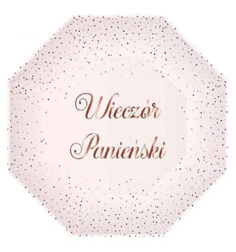 Talerzyki papierowe Wieczór Panieński złoty róż sześciokąt 24cm 6 szt