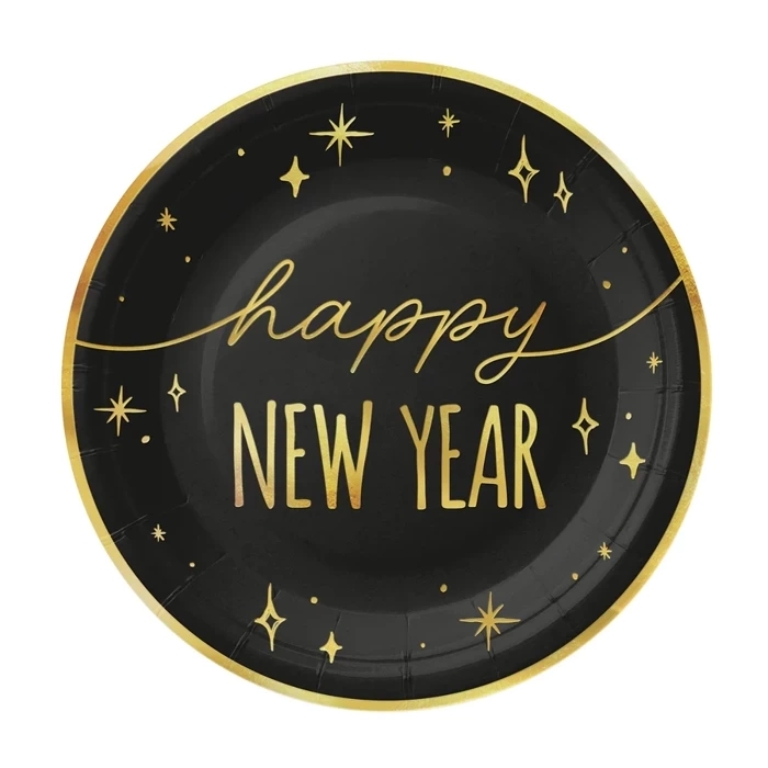 Talerzyki papierowe Happy New Year czarno-złote na Sylwestra 18 cm 6 szt.