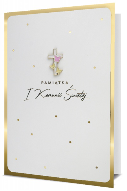 Kartka karnet Komunia na pamiątkę Komunii Świętej z przypinką krzyż