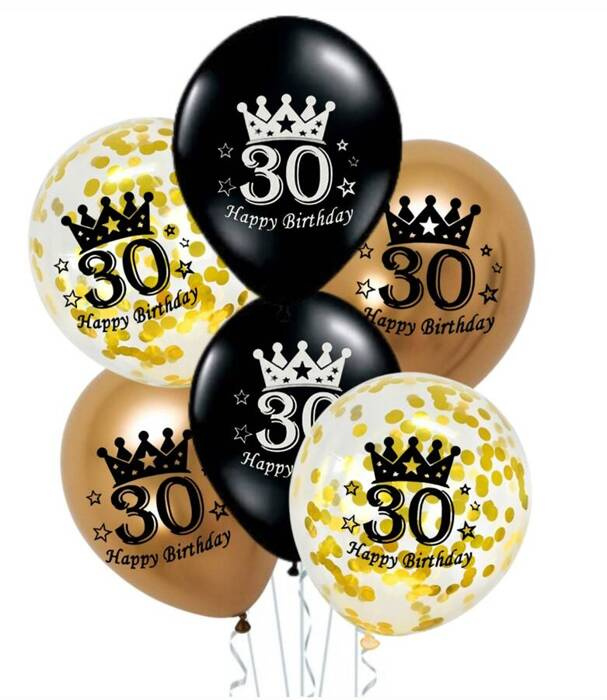 Balony gumowe 30 lat Happy Birthday zestaw 6 szt. mix 12 cali