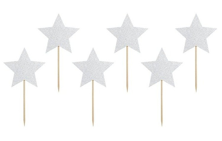 Pikery toppery Gwiazdki srebrne dekoracje na tort muffinki 6 szt