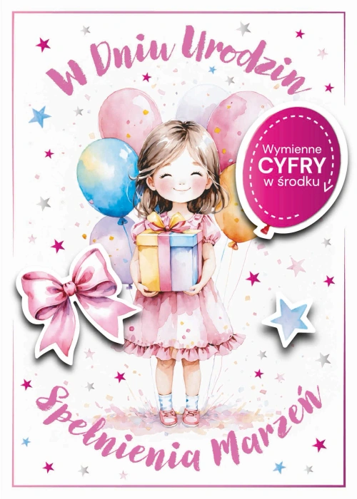 Kartka urodzinowa dla dziewczynki wymienne cyfry 1 szt.