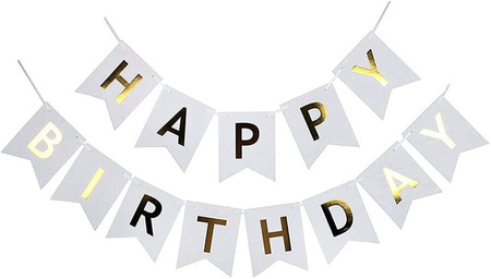 Baner girlanda "Happy Birthday" złoty napis - BIAŁY