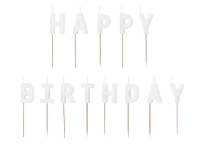 Świeczki pikery HAPPY BIRTHDAY napis biały 13 sztuk