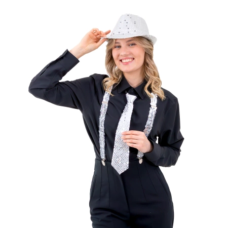 Krawat cekinowy srebrny 36 cm na Sylwestra i karnawał