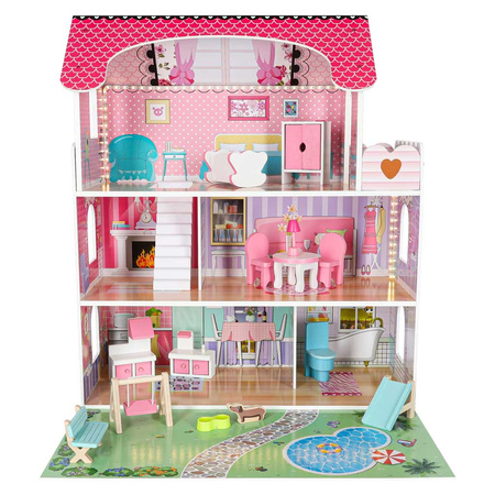 Domek dla lalek drewniany Lulilo Gardeno z ogródkiem mebelki 70cm różowy LED