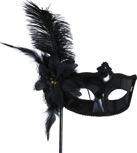 Maska czarna wenecka z piórami i uchwytem
