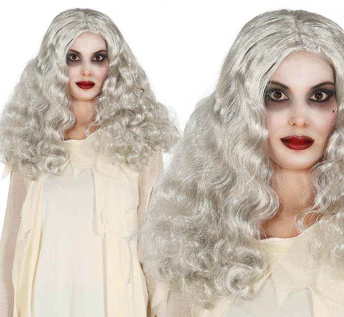 Peruka Siwa Wiedźma długie kręcowe włosy