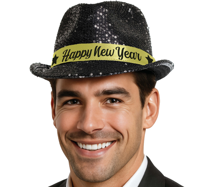 Kapelusz cekinowy czarny z opaską Happy New Year na Sylwestra 1 szt.