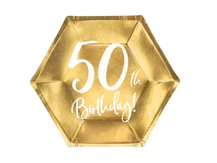Talerzyki papierowe 50th Birthday złote 20 cm 6 szt.