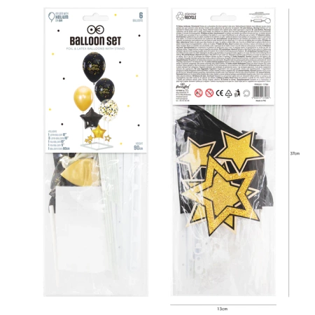 Zestaw balonów Happy Birthday czarno-złote 6szt. ze stojakiem DIY
