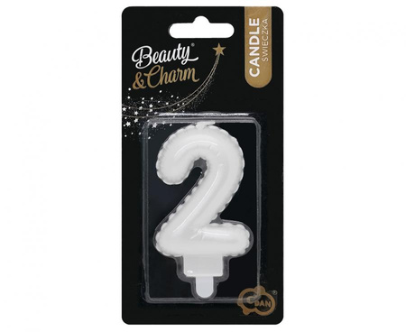 Świeczka urodzinowa cyfra 2 jak balon foliowy perłowa biała, 7 cm