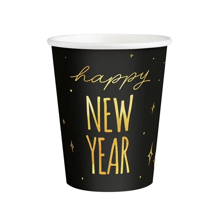 Kubeczki papierowe Happy New Year czarno-złote na Sylwestra 220ml 6szt.