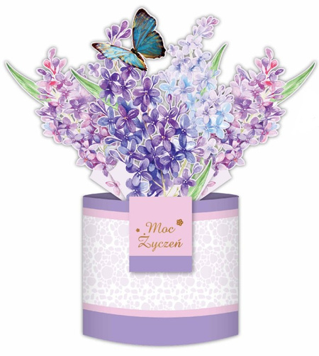 Kartka okolicznościowa 3D przestrzenna Bukiet Fioletowy Bez Lilak Moc Życzeń