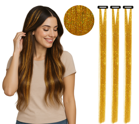 Włosy syntetyczne pasemka brokatowe złote 50 cm x 3 szt.