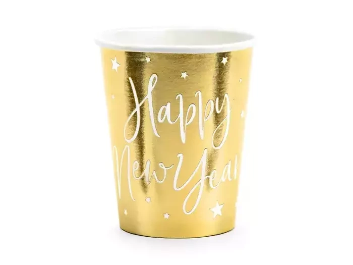 Kubeczki papierowe Happy New Year Sylwester złote 220ml 6 szt.