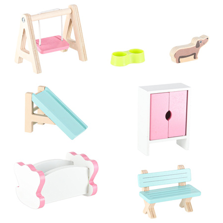 Domek dla lalek drewniany Lulilo Gardeno z ogródkiem mebelki 70cm różowy LED