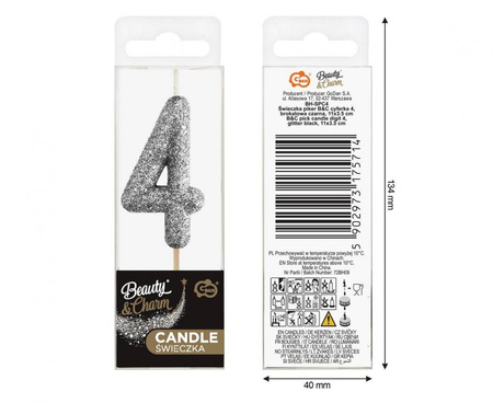 Świeczka urodzinowa cyfra 4 czarna ze srebrnym brokatem