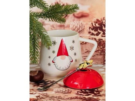 Kubek świąteczny z przykrywką i łyżeczką biało czerwony