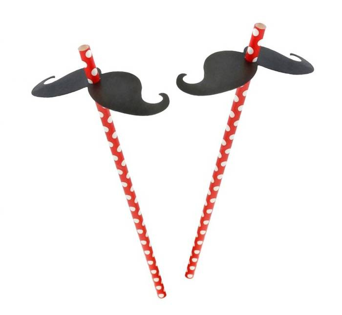 Słomki do picia czerwone w białe grochy z wąsami 30 szt