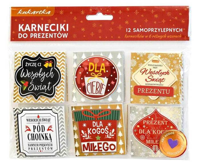 Bileciki do prezentów karneciki świąteczne Boże Narodzenie samoprzylepne 12 szt.