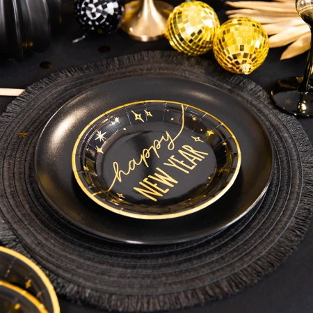 Talerzyki papierowe Happy New Year czarno-złote na Sylwestra 18 cm 6 szt.