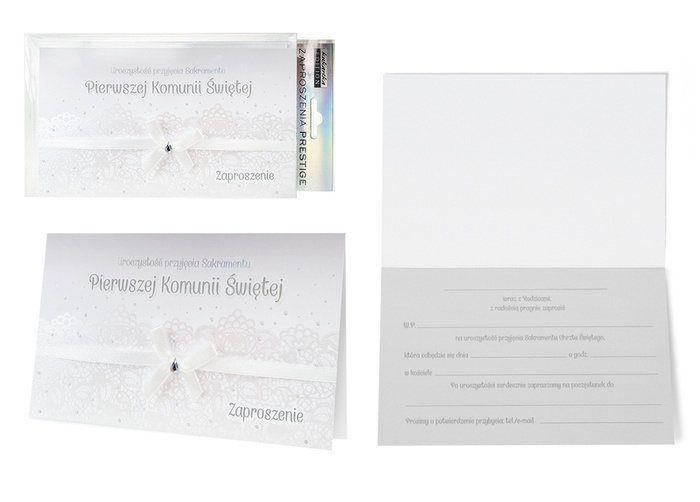 Zaproszenia Pierwsza Komunia Święta kokardka 17 x 10 cm 5 szt.