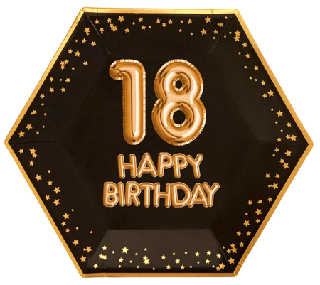 Talerzyki papierowe czarne w złote gwiazdki - 18 HAPPY BIRTHDAY