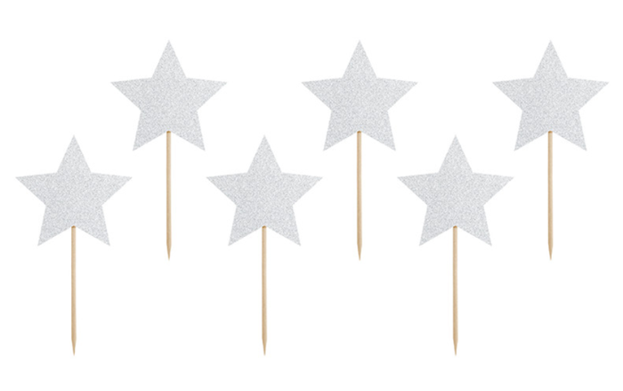 Pikery toppery Gwiazdki srebrne dekoracje na tort muffinki 6 szt